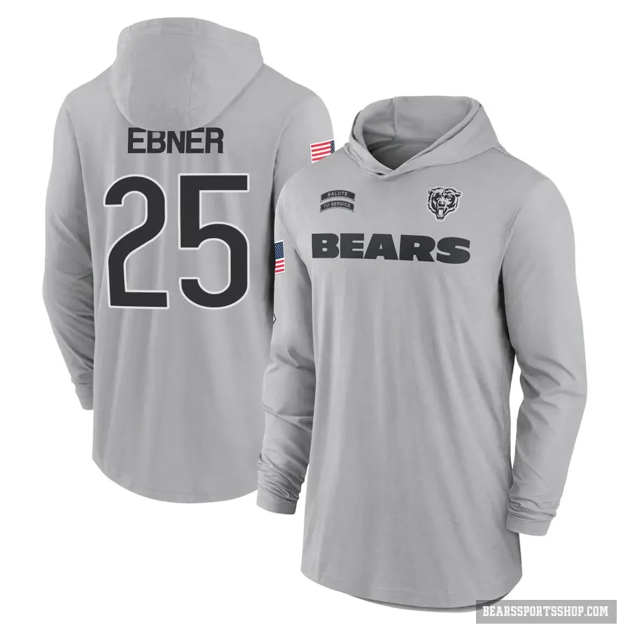 Men's ＃25 Trestan Ebner Chicago Bears Gray 2024 Salute to Service Lightweight Performance Long Sleeve Hooded T-Shirt