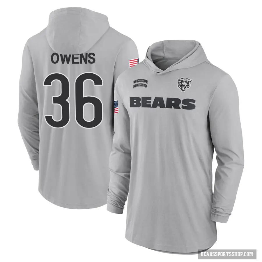 Men's ＃36 Jonathan Owens Chicago Bears Gray 2024 Salute to Service Lightweight Performance Long Sleeve Hooded T-Shirt