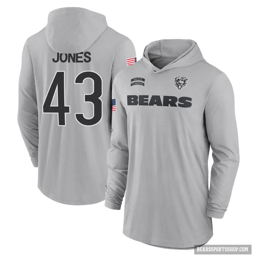 Men's ＃43 Carl Jones Jr. Chicago Bears Gray 2024 Salute to Service Lightweight Performance Long Sleeve Hooded T-Shirt