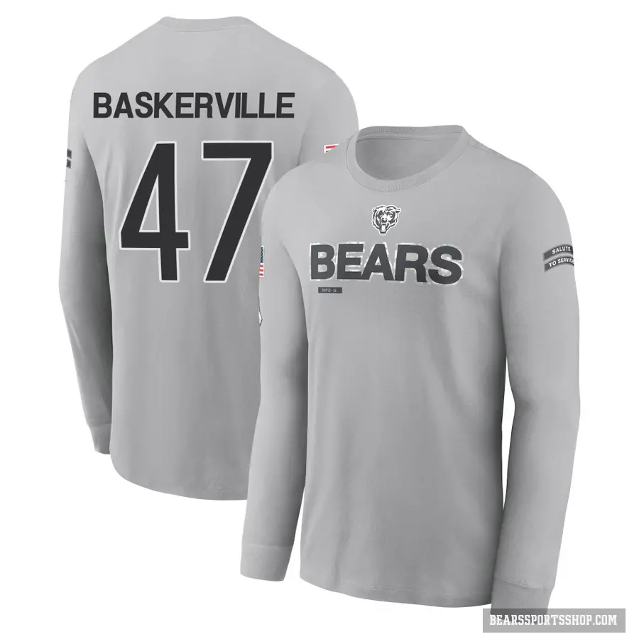 Men's ＃47 Micah Baskerville Chicago Bears Gray 2024 Salute to Service Long Sleeve T-Shirt