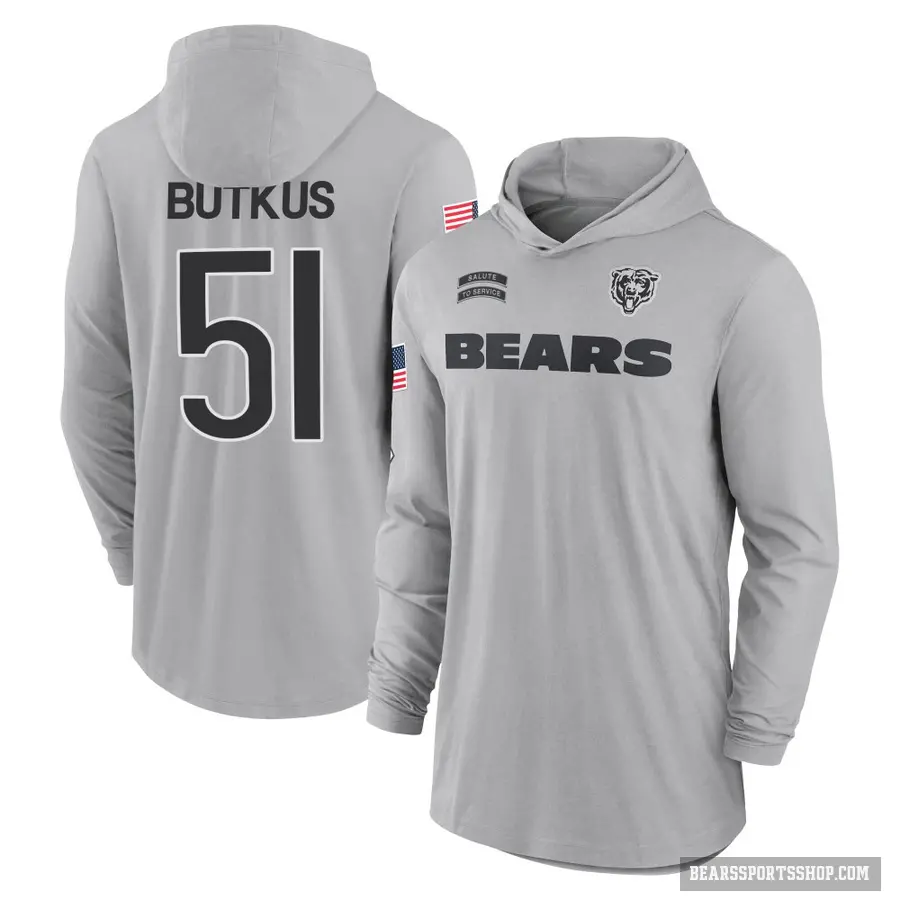 Men's ＃51 Dick Butkus Chicago Bears Gray 2024 Salute to Service Lightweight Performance Long Sleeve Hooded T-Shirt