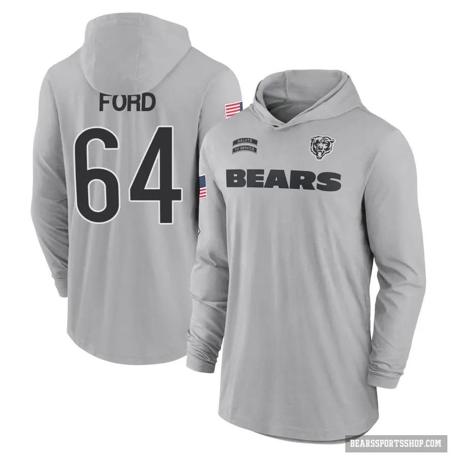 Men's ＃64 Jonathan Ford Chicago Bears Gray 2024 Salute to Service Lightweight Performance Long Sleeve Hooded T-Shirt