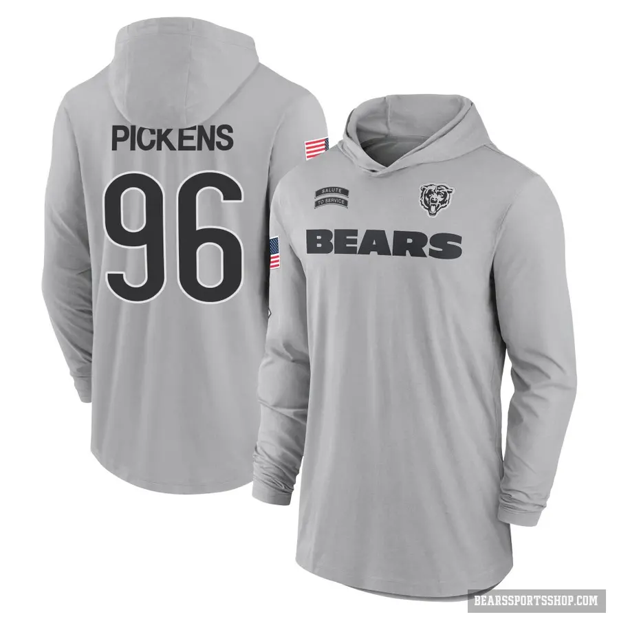 Men's ＃96 Zacch Pickens Chicago Bears Gray 2024 Salute to Service Lightweight Performance Long Sleeve Hooded T-Shirt