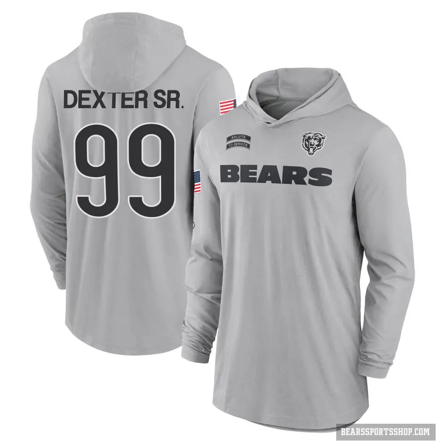 Men's ＃99 Gervon Dexter Sr. Chicago Bears Gray 2024 Salute to Service Lightweight Performance Long Sleeve Hooded T-Shirt