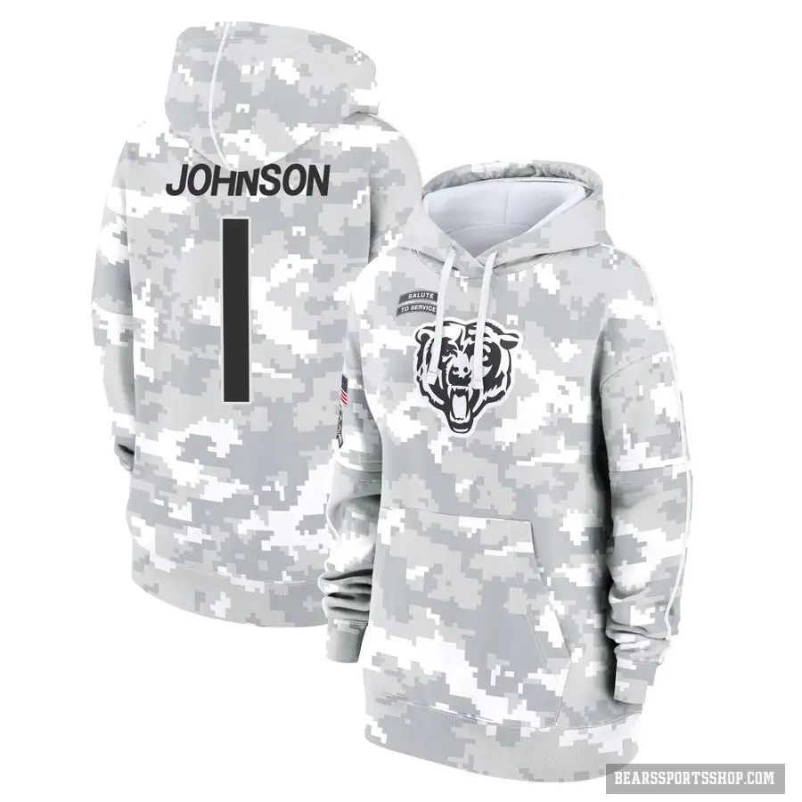 Women's ＃1 Jaylon Johnson Chicago Bears Arctic Camo 2024 Salute to Service Club Fleece Pullover Hoodie