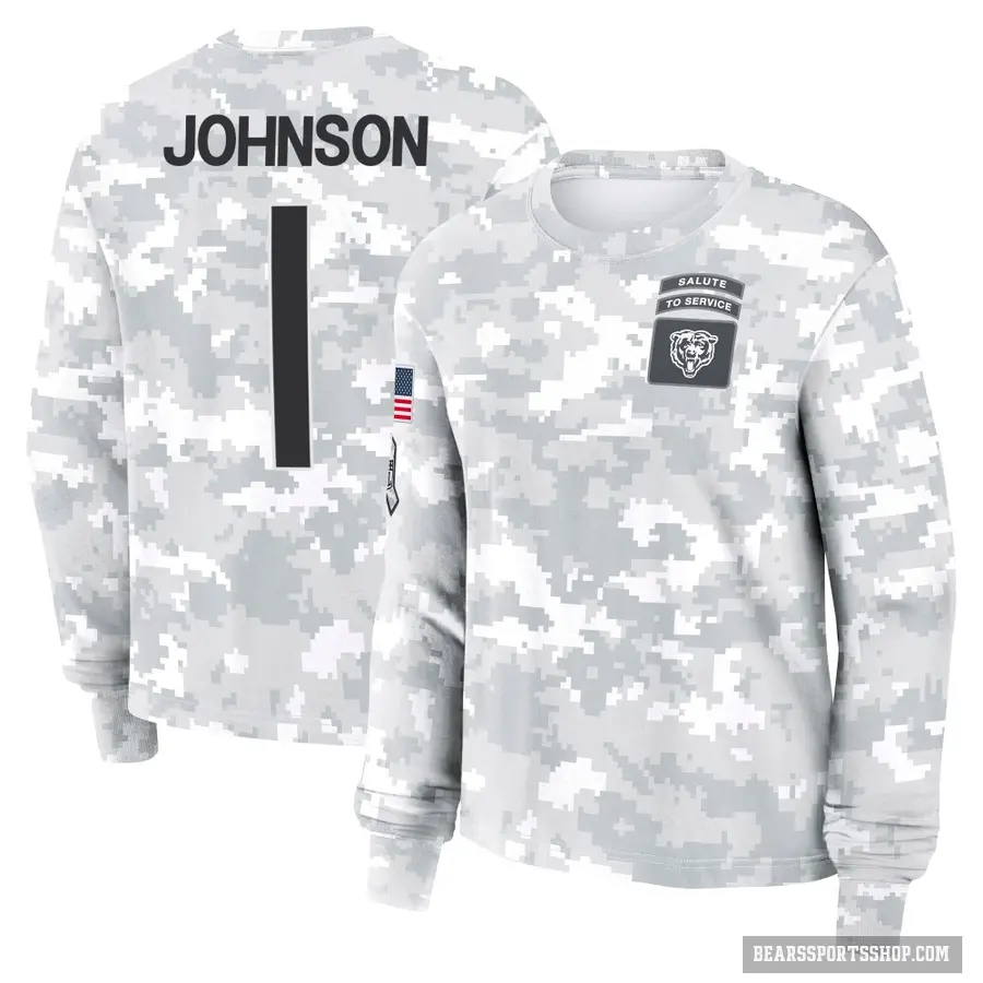 Women's ＃1 Jaylon Johnson Chicago Bears Camo Arctic 2024 Salute to Service Long Sleeve T-Shirt