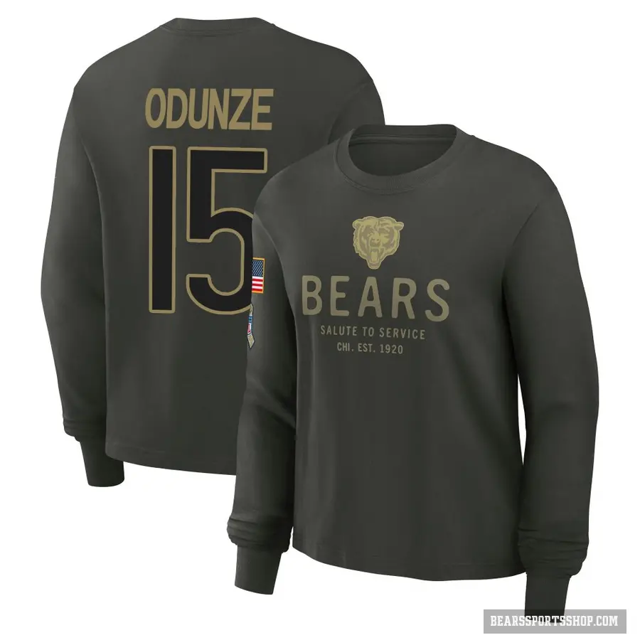 Women's ＃15 Rome Odunze Chicago Bears Green Dark/ 2025 Salute to Service Sideline Long Sleeve T-Shirt