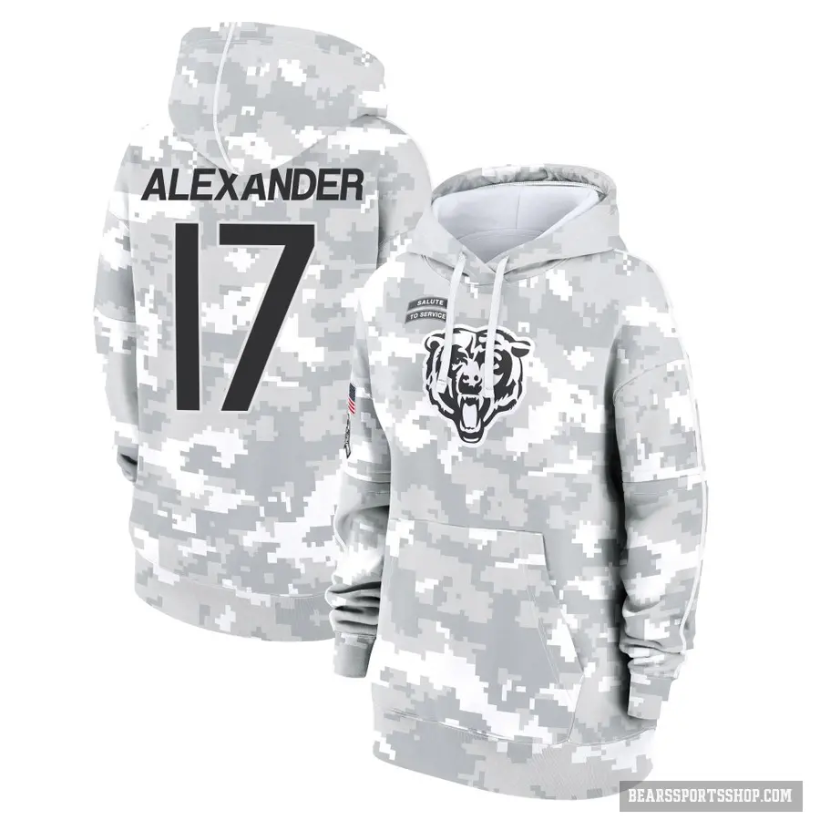 Women's ＃17 Jon Alexander Chicago Bears Arctic Camo 2024 Salute to Service Club Fleece Pullover Hoodie