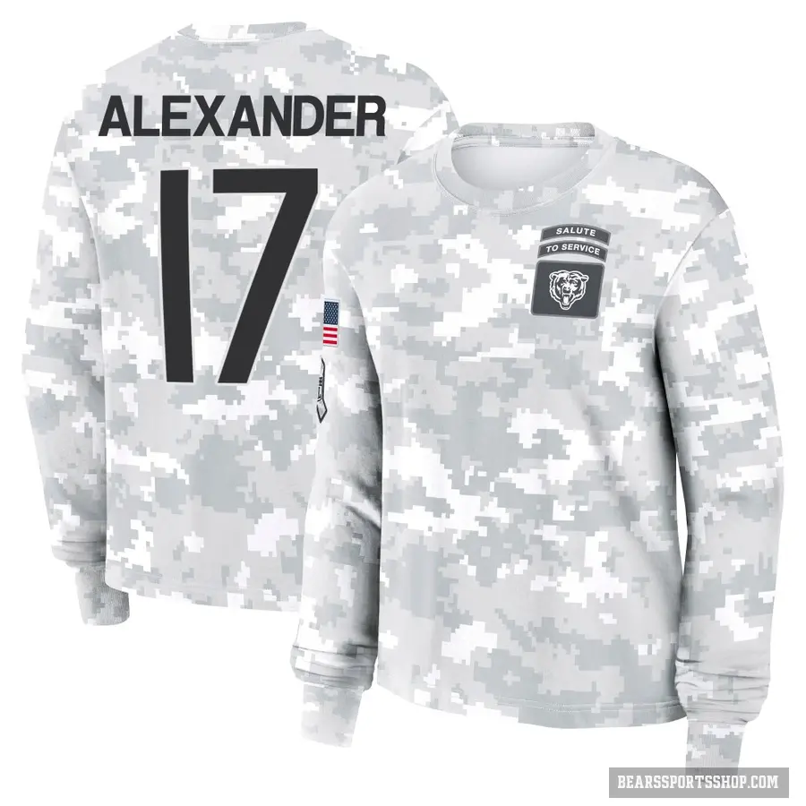 Women's ＃17 Jon Alexander Chicago Bears Camo Arctic 2024 Salute to Service Long Sleeve T-Shirt