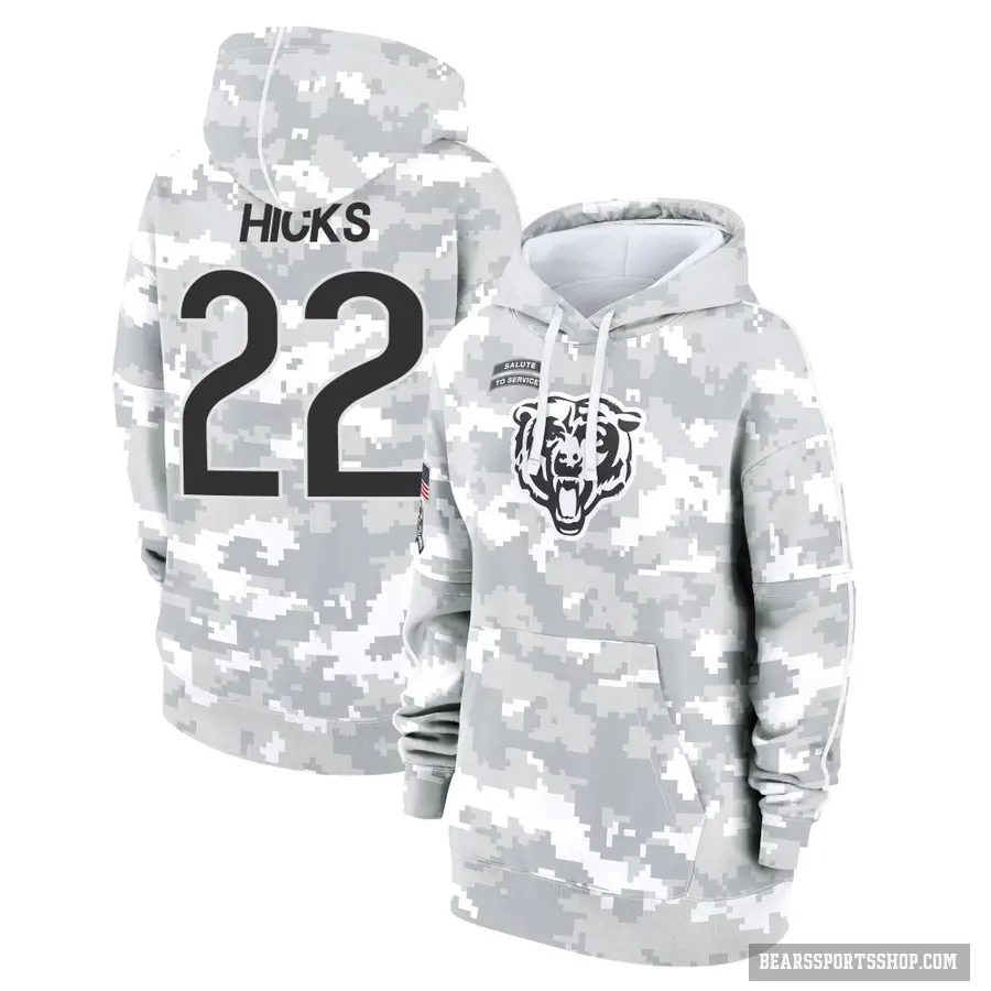 Women's ＃22 Elijah Hicks Chicago Bears Arctic Camo 2024 Salute to Service Club Fleece Pullover Hoodie