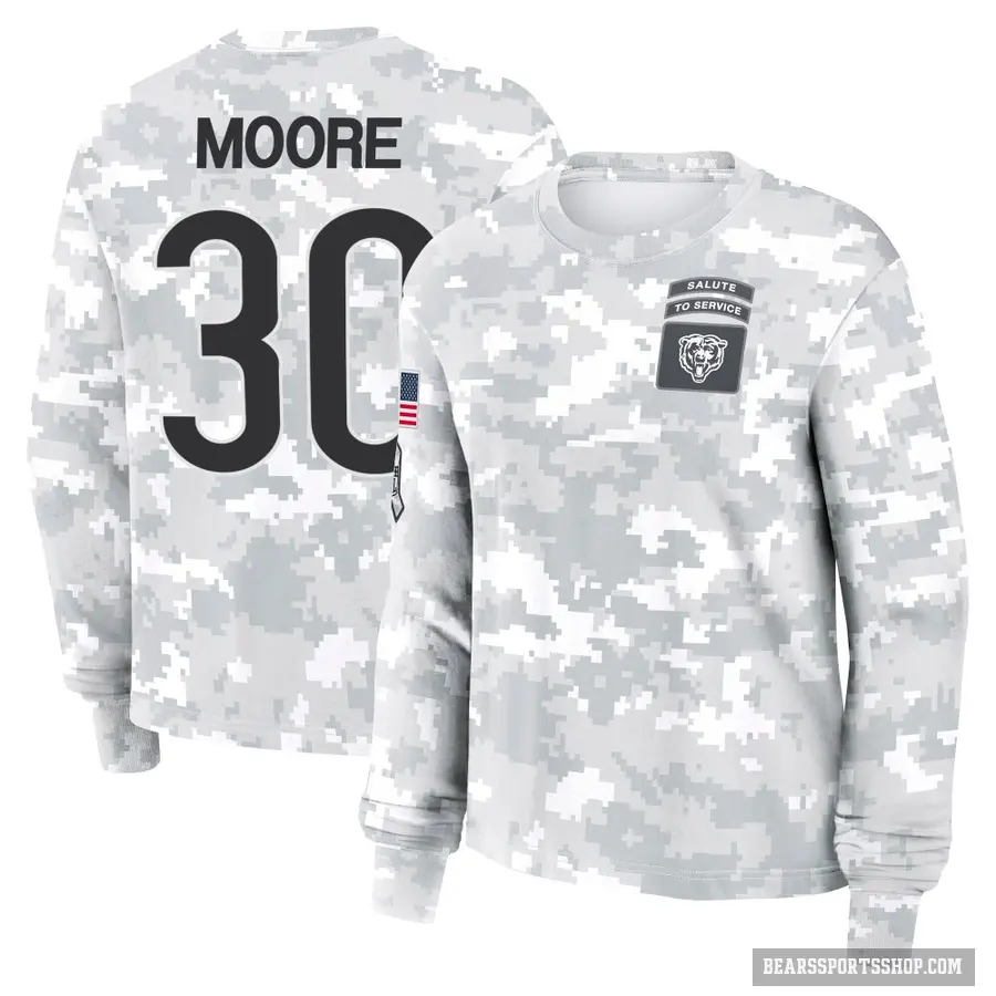 Women's ＃30 Tarvarius Moore Chicago Bears Camo Arctic 2024 Salute to Service Long Sleeve T-Shirt