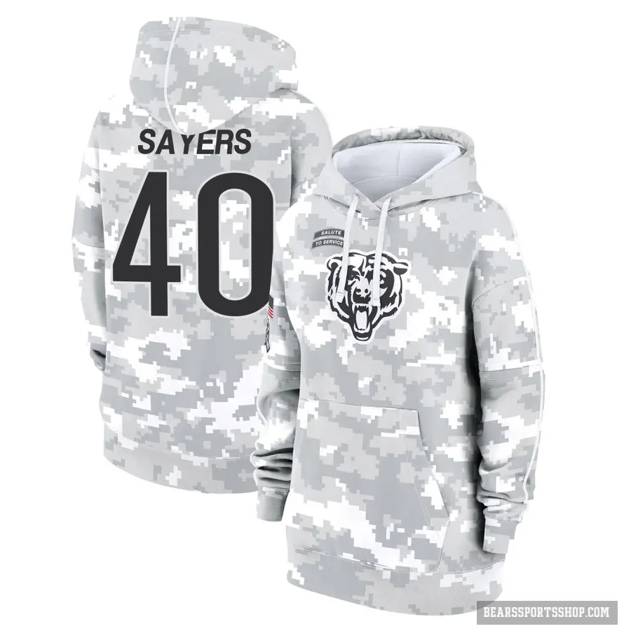 Women's ＃40 Gale Sayers Chicago Bears Arctic Camo 2024 Salute to Service Club Fleece Pullover Hoodie