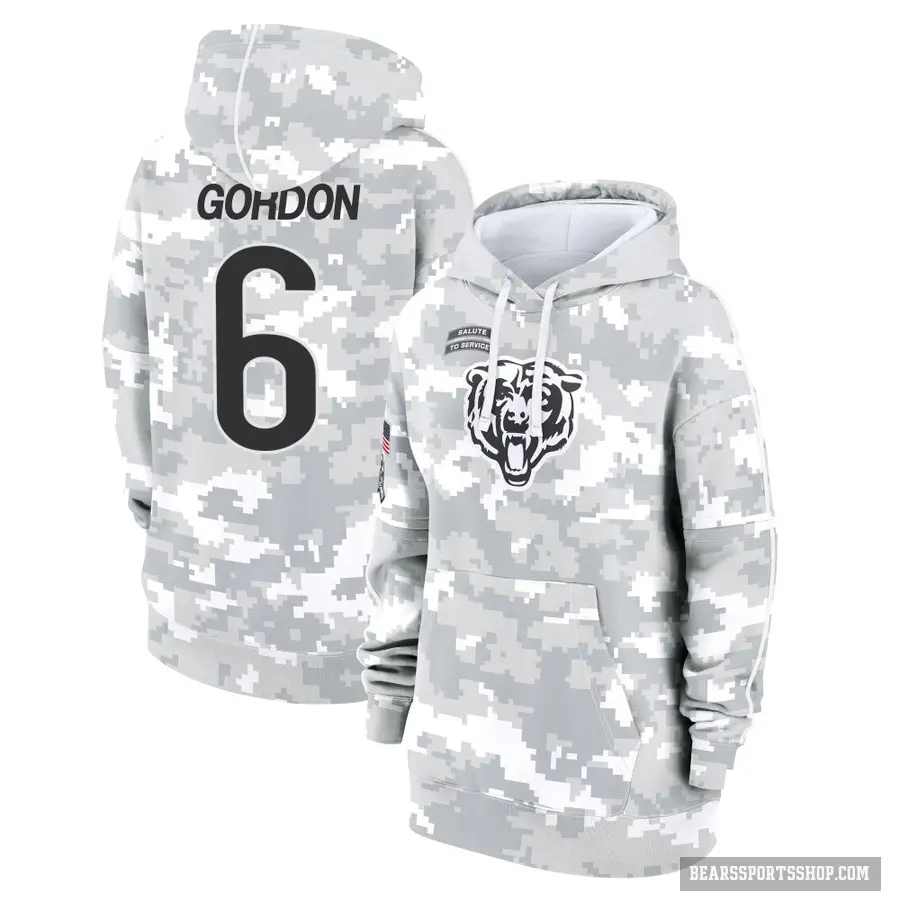 Women's ＃6 Kyler Gordon Chicago Bears Arctic Camo 2024 Salute to Service Club Fleece Pullover Hoodie