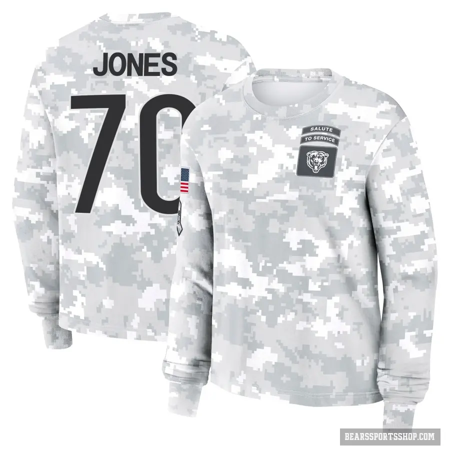 Women's ＃70 Braxton Jones Chicago Bears Camo Arctic 2024 Salute to Service Long Sleeve T-Shirt