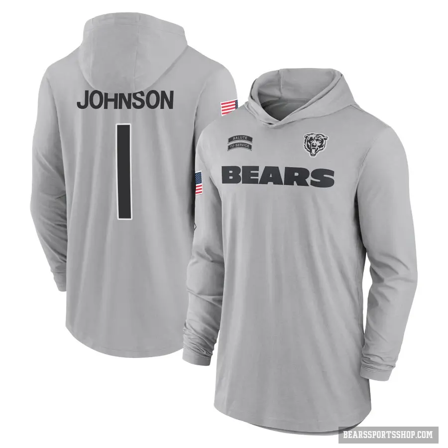 Youth ＃1 Jaylon Johnson Chicago Bears Gray 2024 Salute to Service Lightweight Performance Long Sleeve Hooded T-Shirt