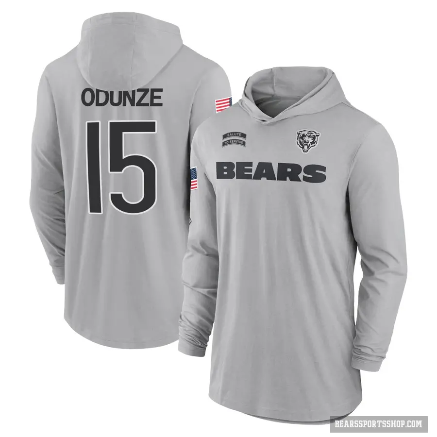 Youth ＃15 Rome Odunze Chicago Bears Gray 2024 Salute to Service Lightweight Performance Long Sleeve Hooded T-Shirt