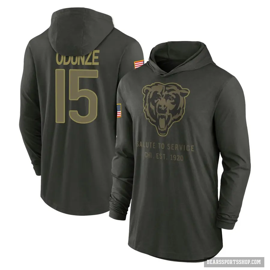 Youth ＃15 Rome Odunze Chicago Bears Green Forest/ 2025 Salute to Service Sideline Lightweight Hooded Pullover Long Sleeve T-Shir
