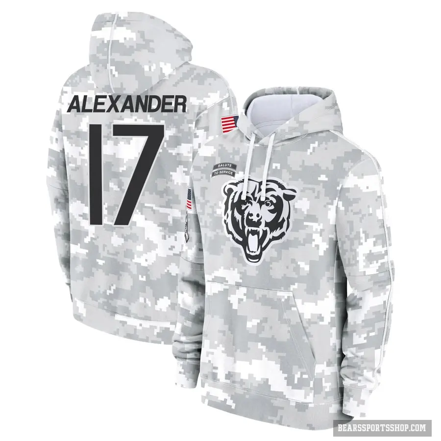 Youth ＃17 Jon Alexander Chicago Bears Arctic Camo 2024 Salute to Service Club Fleece Pullover Hoodie