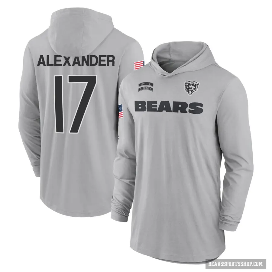 Youth ＃17 Jon Alexander Chicago Bears Gray 2024 Salute to Service Lightweight Performance Long Sleeve Hooded T-Shirt