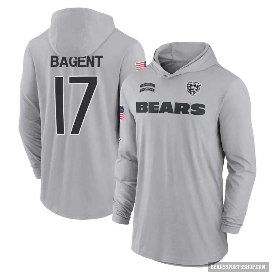 Youth ＃17 Tyson Bagent Chicago Bears Gray 2024 Salute to Service Lightweight Performance Long Sleeve Hooded T-Shirt