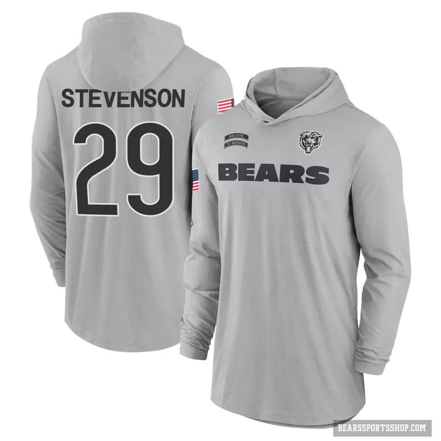 Youth ＃29 Tyrique Stevenson Chicago Bears Gray 2024 Salute to Service Lightweight Performance Long Sleeve Hooded T-Shirt