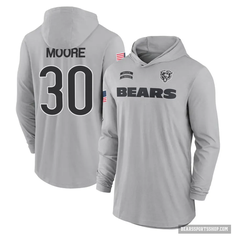 Youth ＃30 Tarvarius Moore Chicago Bears Gray 2024 Salute to Service Lightweight Performance Long Sleeve Hooded T-Shirt