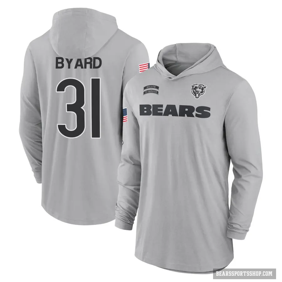 Youth ＃31 Kevin Byard III Chicago Bears Gray 2024 Salute to Service Lightweight Performance Long Sleeve Hooded T-Shirt