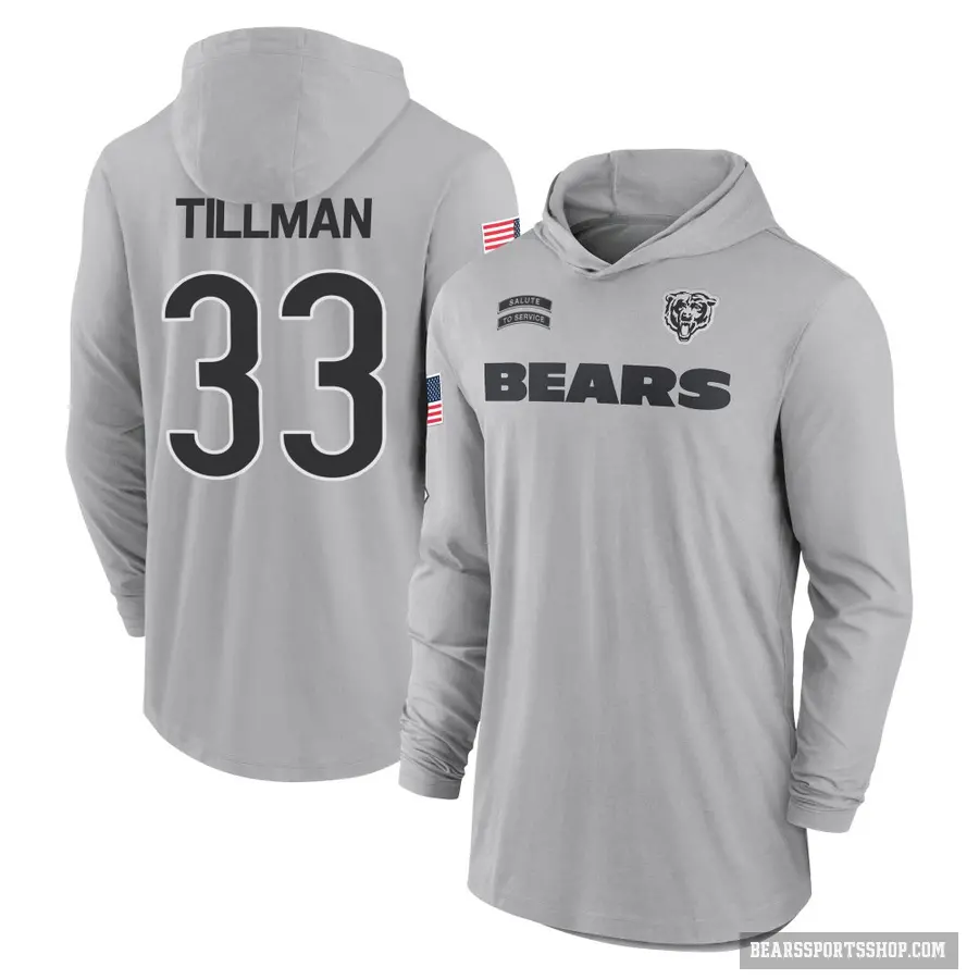Youth ＃33 Charles Tillman Chicago Bears Gray 2024 Salute to Service Lightweight Performance Long Sleeve Hooded T-Shirt