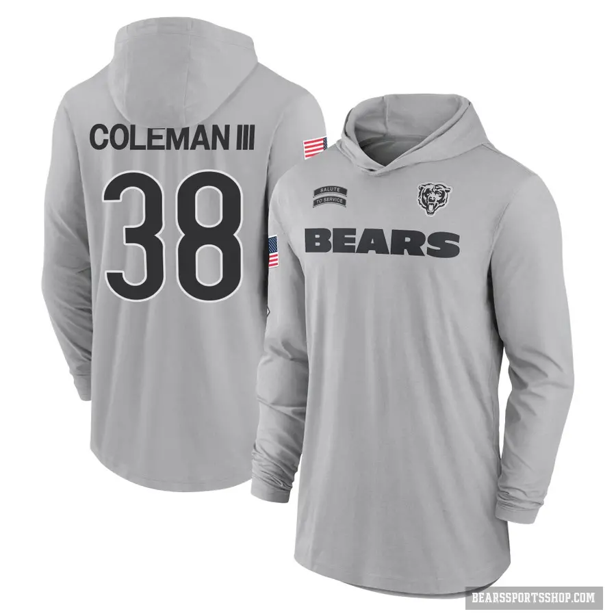 Youth ＃38 Douglas Coleman III Chicago Bears Gray 2024 Salute to Service Lightweight Performance Long Sleeve Hooded T-Shirt