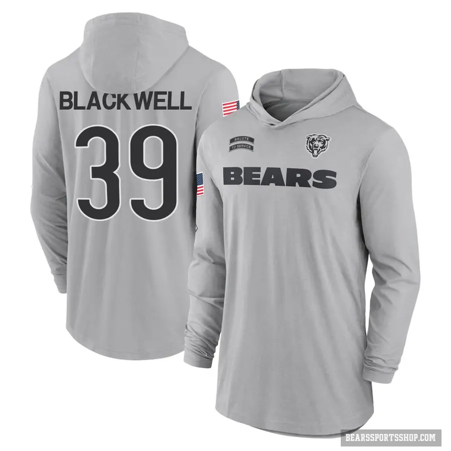 Youth ＃39 Josh Blackwell Chicago Bears Black Gray 2024 Salute to Service Lightweight Performance Long Sleeve Hooded T-Shirt