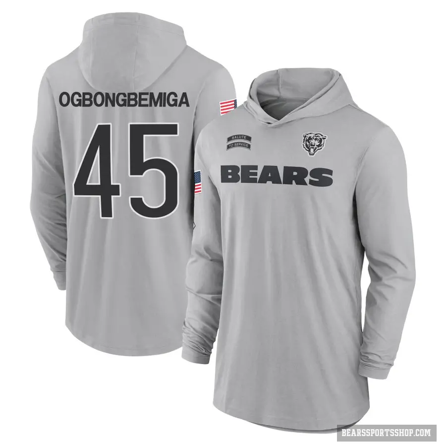Youth ＃45 Amen Ogbongbemiga Chicago Bears Gray 2024 Salute to Service Lightweight Performance Long Sleeve Hooded T-Shirt