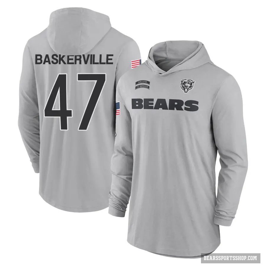 Youth ＃47 Micah Baskerville Chicago Bears Gray 2024 Salute to Service Lightweight Performance Long Sleeve Hooded T-Shirt