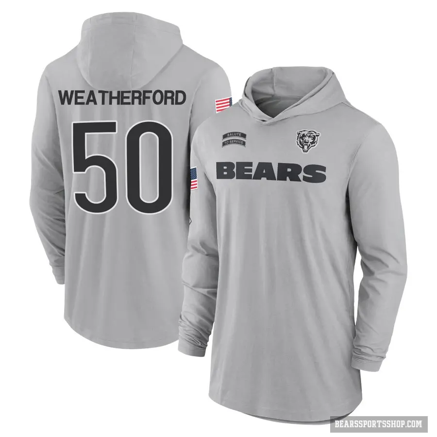 Youth ＃50 Sterling Weatherford Chicago Bears Gray 2024 Salute to Service Lightweight Performance Long Sleeve Hooded T-Shirt