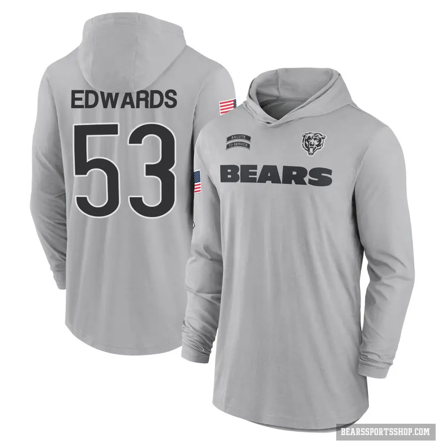 Youth ＃53 T.J. Edwards Chicago Bears Gray 2024 Salute to Service Lightweight Performance Long Sleeve Hooded T-Shirt