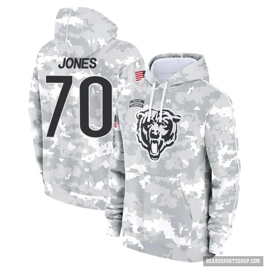 Youth ＃70 Braxton Jones Chicago Bears Arctic Camo 2024 Salute to Service Club Fleece Pullover Hoodie