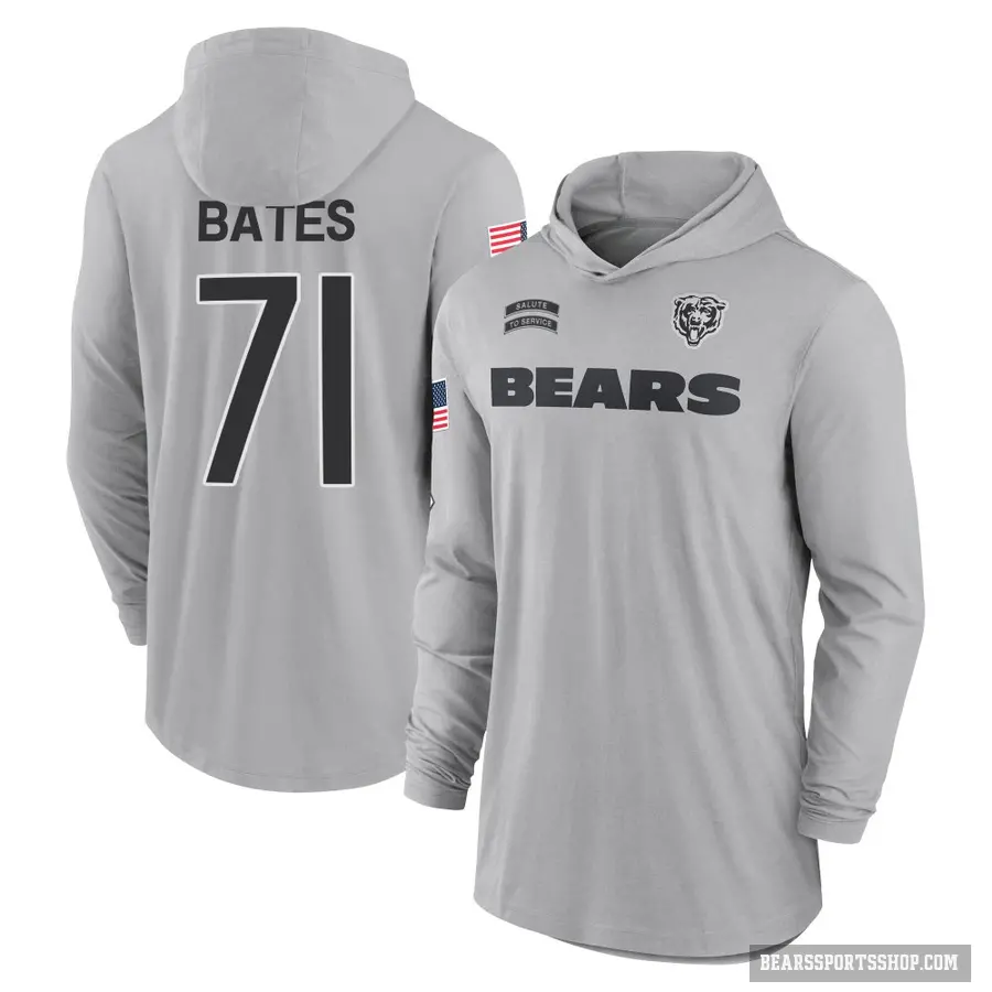 Youth ＃71 Ryan Bates Chicago Bears Gray 2024 Salute to Service Lightweight Performance Long Sleeve Hooded T-Shirt