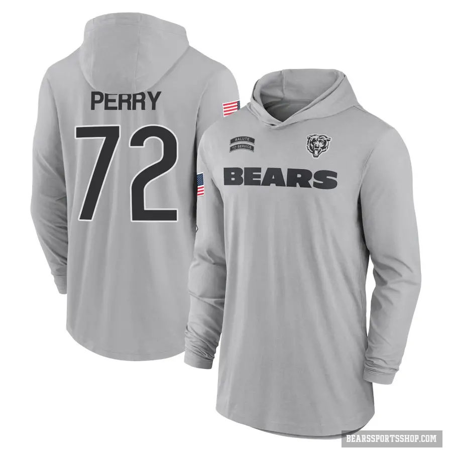 Youth ＃72 William Perry Chicago Bears Gray 2024 Salute to Service Lightweight Performance Long Sleeve Hooded T-Shirt