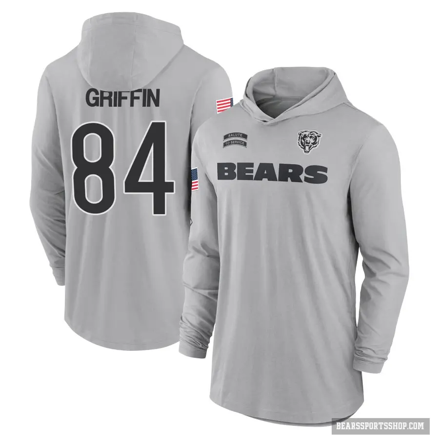 Youth ＃84 Ryan Griffin Chicago Bears Gray 2024 Salute to Service Lightweight Performance Long Sleeve Hooded T-Shirt