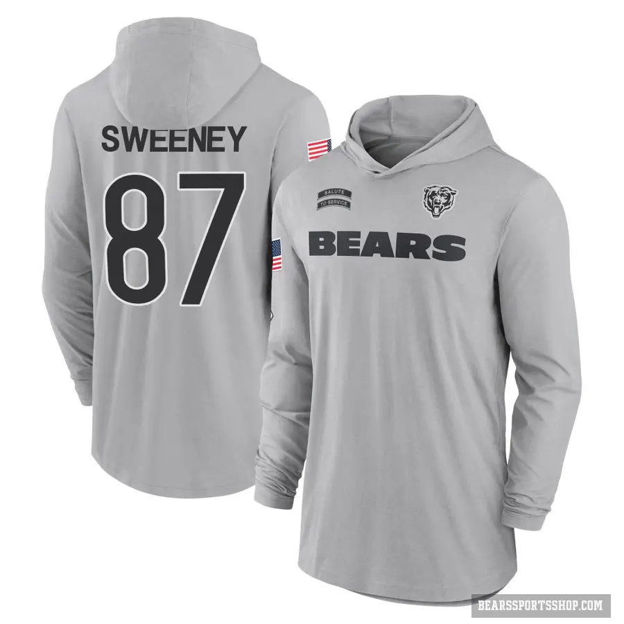 Youth ＃87 Tommy Sweeney Chicago Bears Gray 2024 Salute to Service Lightweight Performance Long Sleeve Hooded T-Shirt