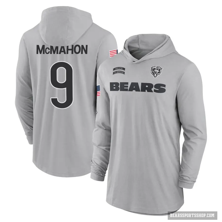 Youth ＃9 Jim McMahon Chicago Bears Gray 2024 Salute to Service Lightweight Performance Long Sleeve Hooded T-Shirt