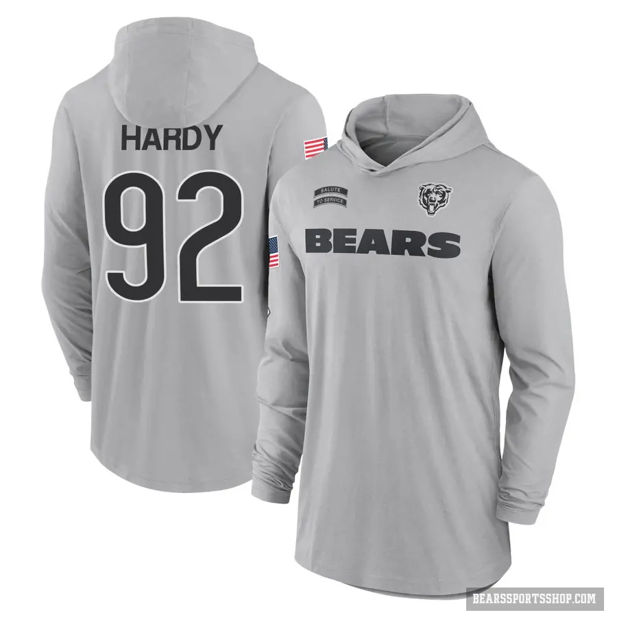 Youth ＃92 Daniel Hardy Chicago Bears Gray 2024 Salute to Service Lightweight Performance Long Sleeve Hooded T-Shirt