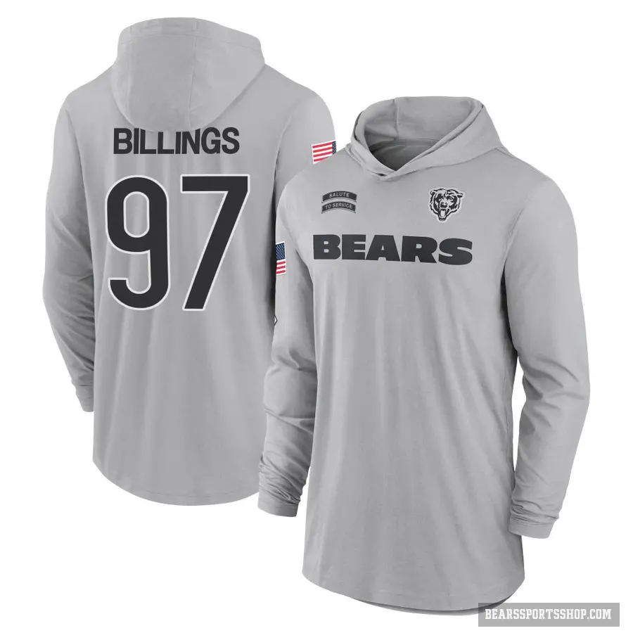 Youth ＃97 Andrew Billings Chicago Bears Gray 2024 Salute to Service Lightweight Performance Long Sleeve Hooded T-Shirt